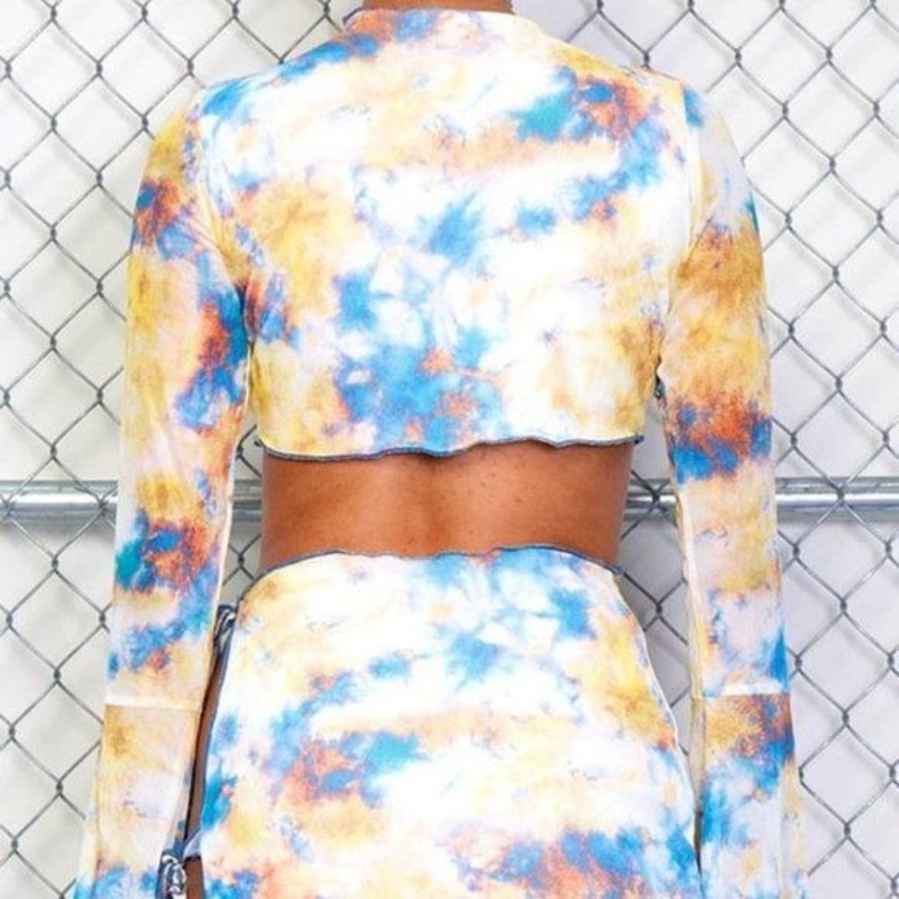 Stasia Sexy Boho: Plunging Tie Dye Front Tied Mesh Halter & Side Tied Skirt Set - Picture 12 of 13